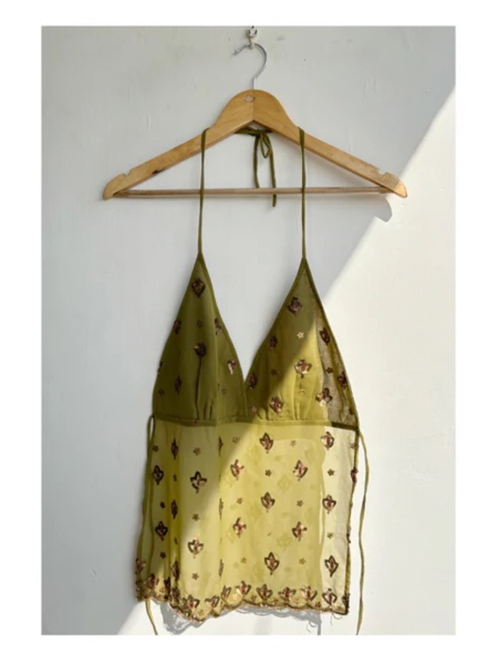 Y2K Olive Green Sheer Embroidered Halter Cami with Bikini Top Tie - Backless